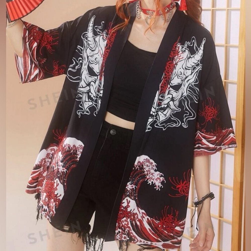SHIEN ROMWE J-fashion Wave & Mask Print Drop Shoulder Open Front Kimono